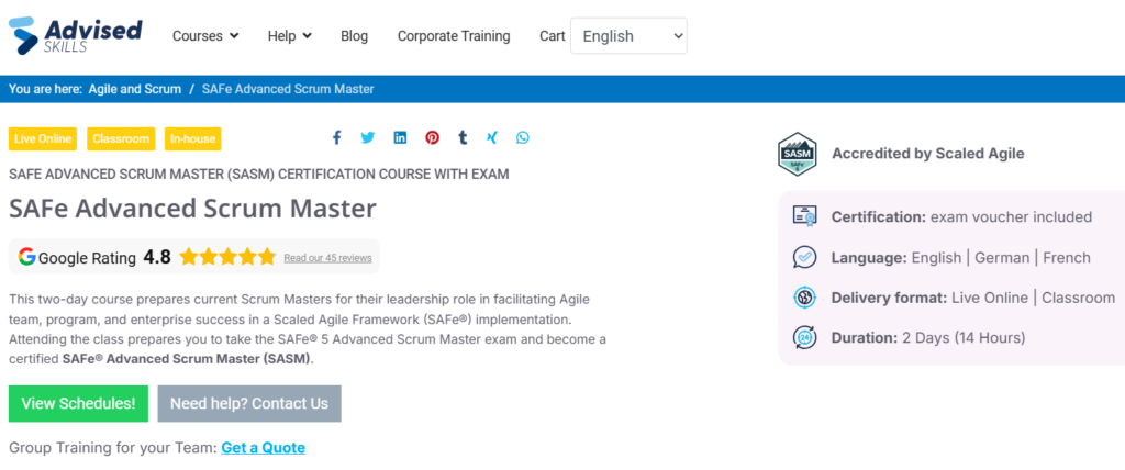 Screenshot of the SAFe Advanced Scrum Master course website page