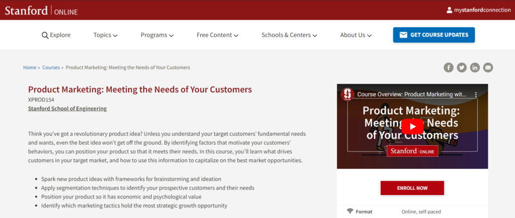 Screenshot of the Product Marketing Course web page
