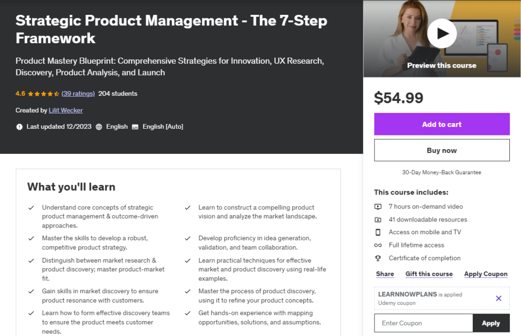 The Strategic Product Management - The 7-Step Framework course overview