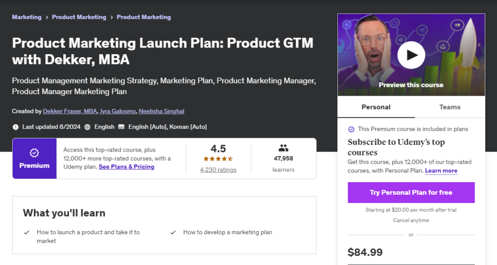 Product Marketing Launch Plan course page screenshot