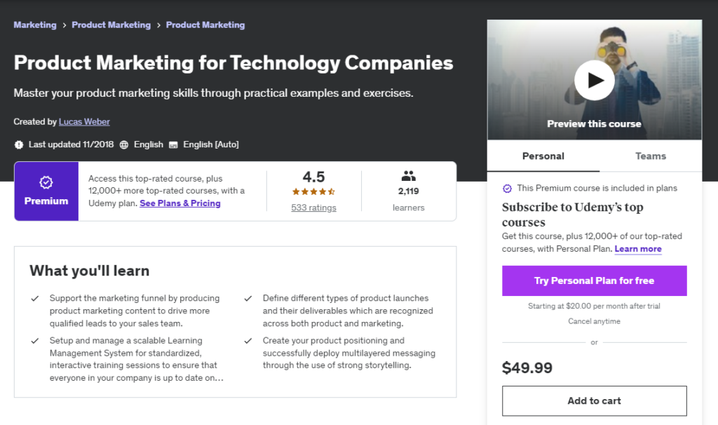Product Marketing for Technology Companies course website page screenshot