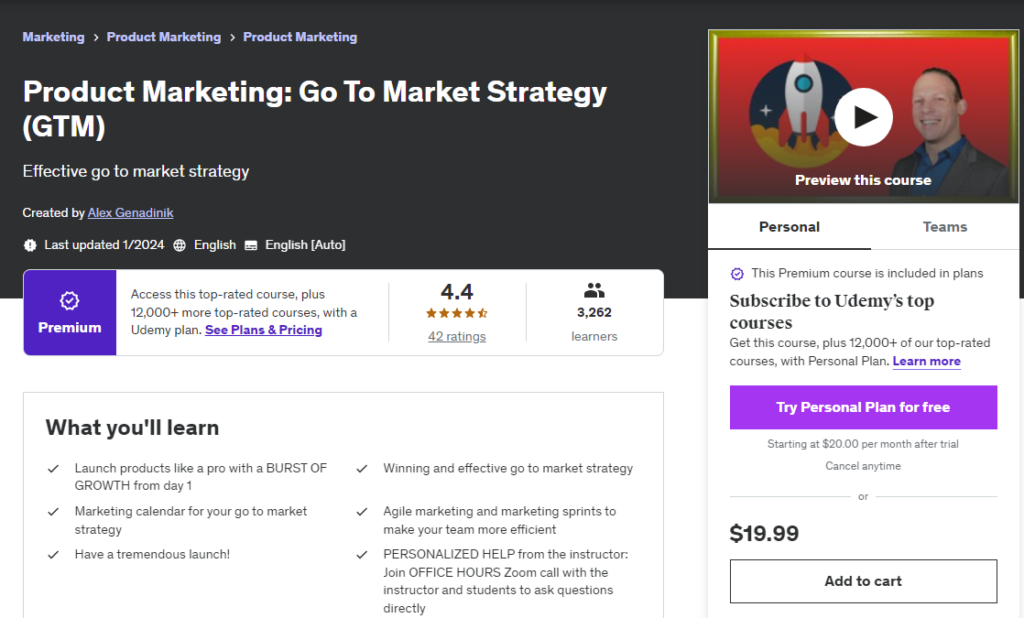 Product Marketing: Go To Market Strategy course web page screenshot