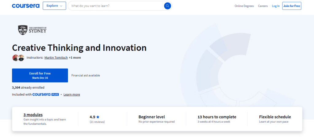 The Creative Thinking and Innovation Course landing page screenshot