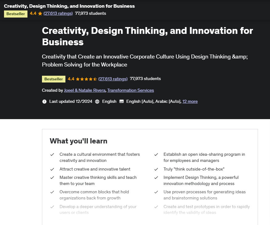 Course page screenshot for Creativity, Design Thinking, and Innovation for Business