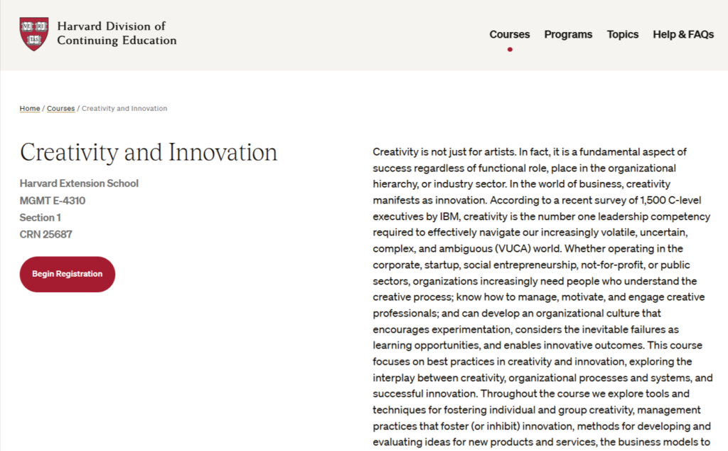 Creativity and Innovation course page screenshot