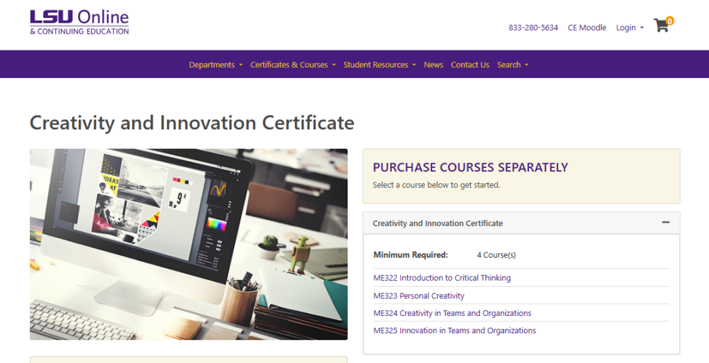 Course page screenshot for Creativity and Innovation Certificate
