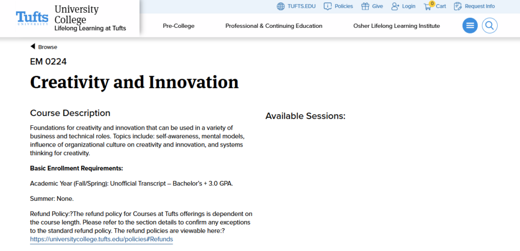 Creativity and Innovation Course page screenshot