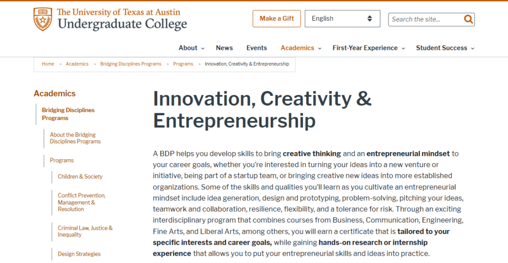 Innovation, Creativity & Entrepreneurship Course website page