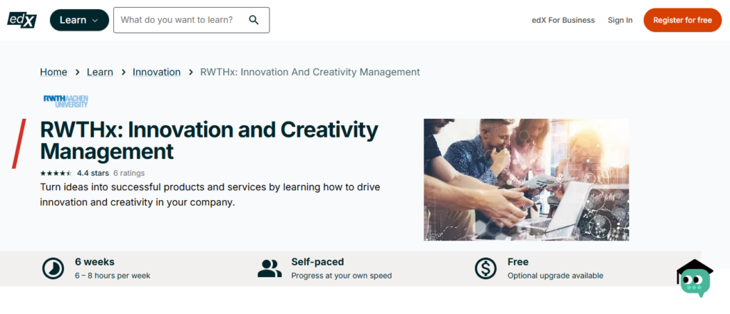 Innovation and Creativity Management Course landing page screenshot