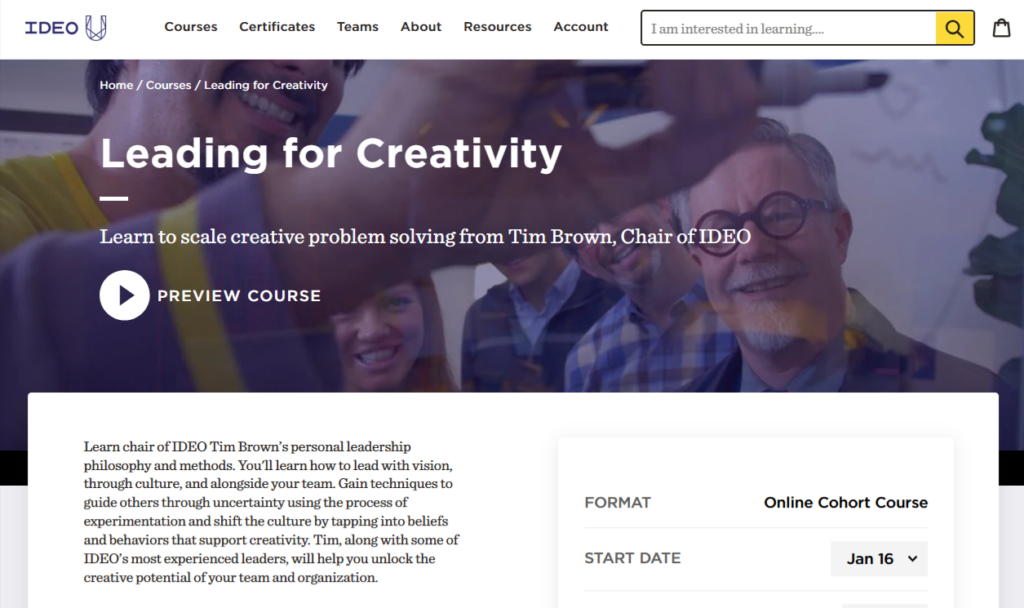 Leading for Creativity Course page screenshot