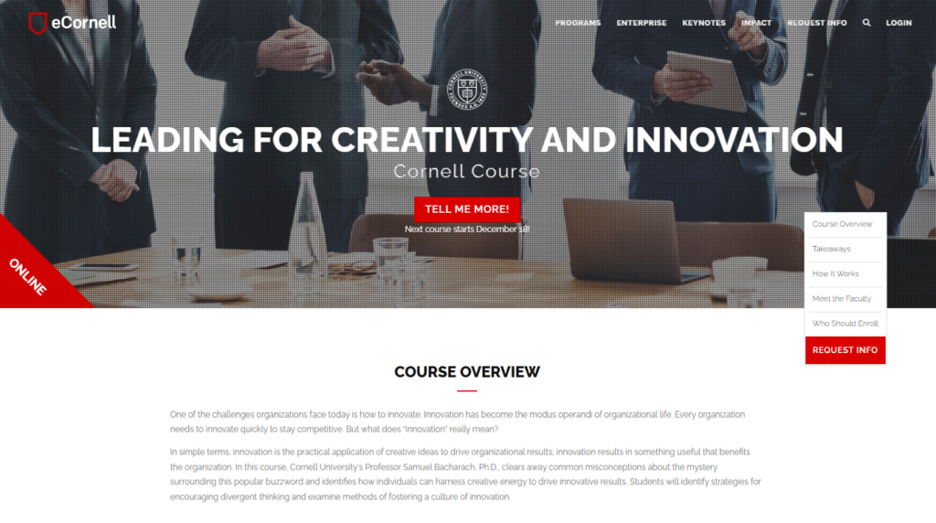 Leading for Creativity and Innovation course website page screenshot