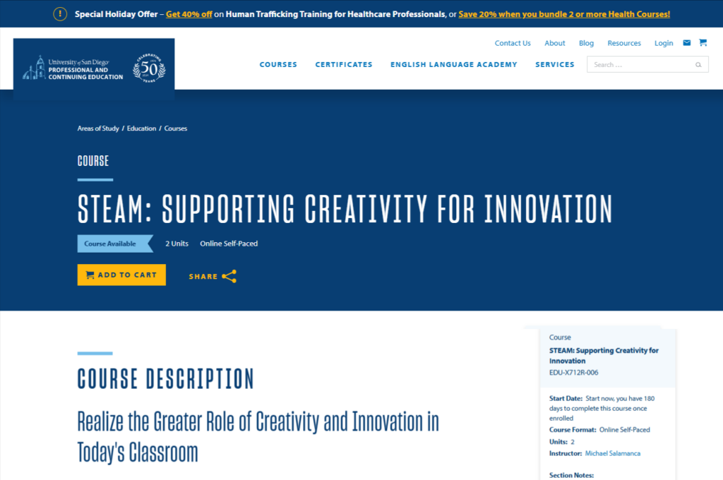 Course STEAM: Supporting Creativity for Innovation Course website page screenshot
