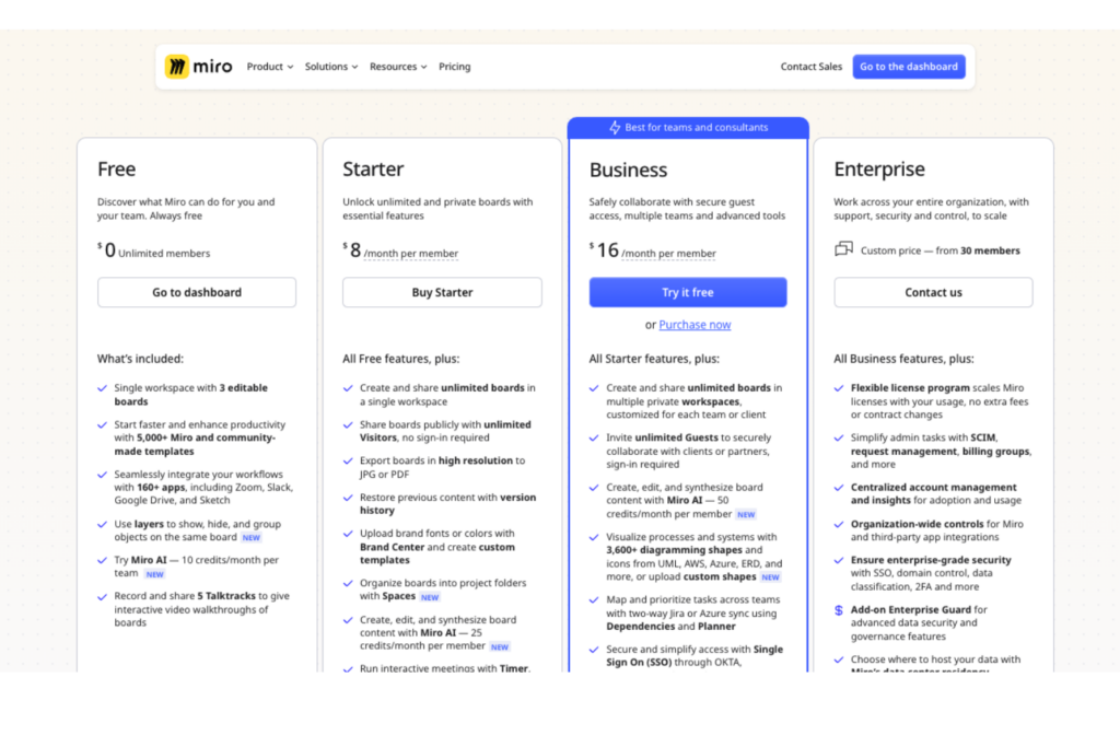 Miro Plans and Pricing Tiers screenshot