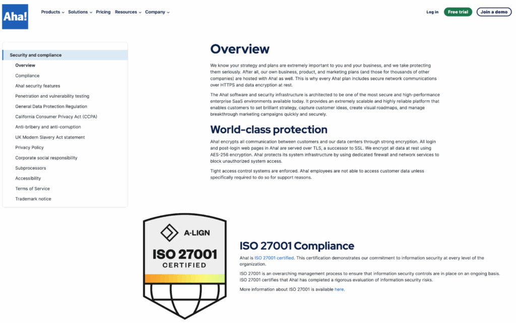 Aha!’s security safeguard screenshot