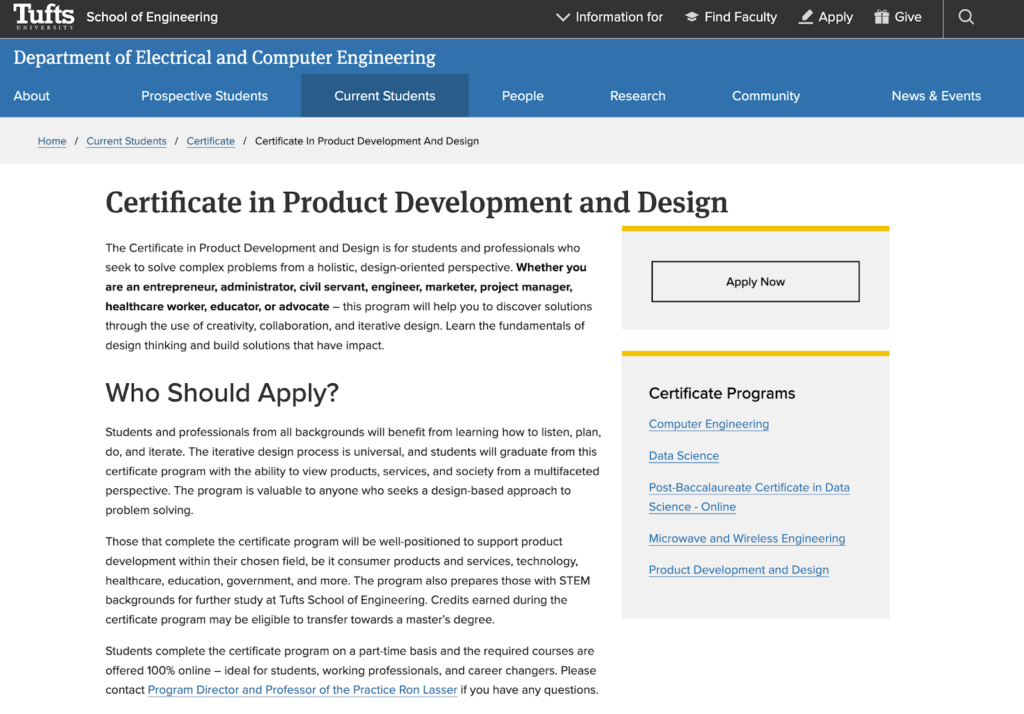 Certificate in Product Development and Design landing page