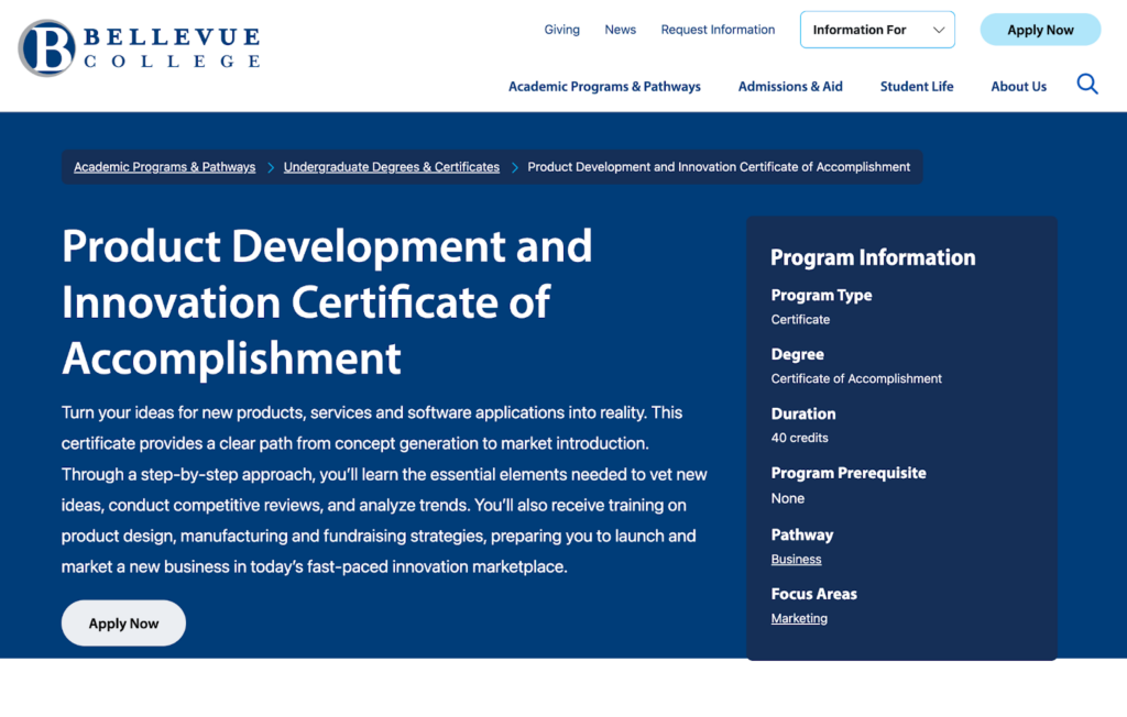 Product Development and Innovation Certificate of Accomplishment landing page