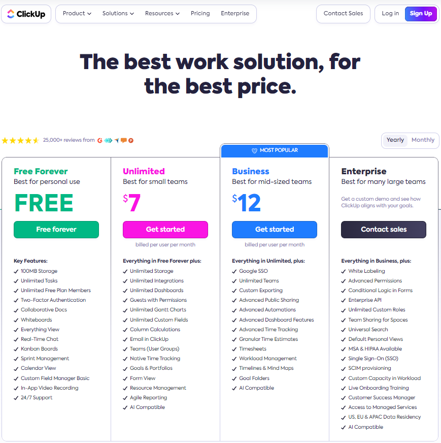 ClickUp's pricing tiers include Free Forever