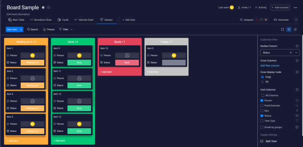 monday.com Board Sample Screenshot
