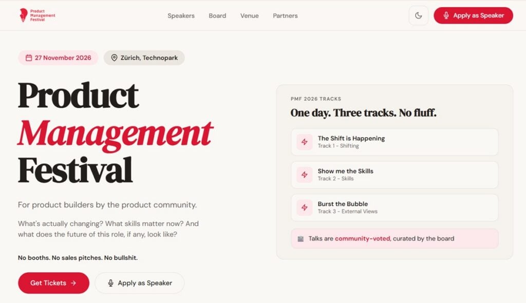 Página de inicio para el Product Management Festival 2026