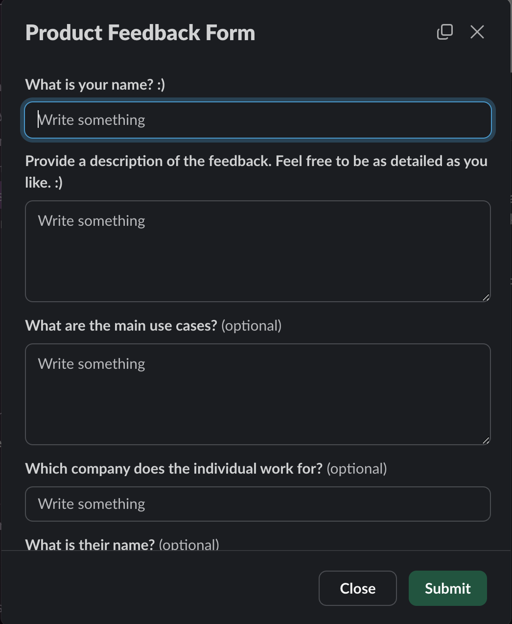 product feedback form screenshot