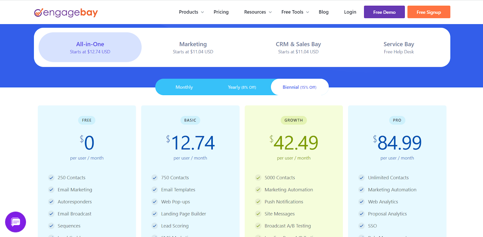 engagebay pricing screenshot