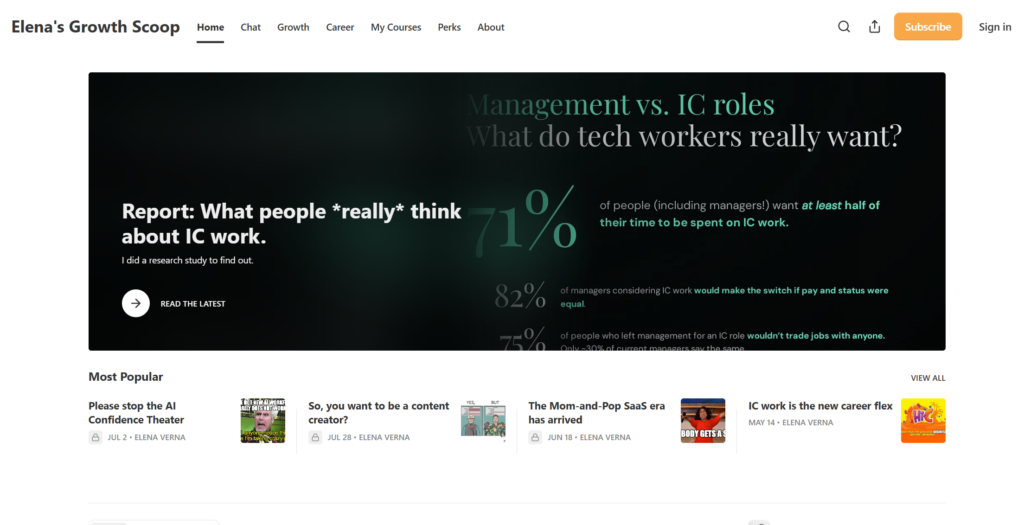 Elena's Growth Scoop Newsletter home page.