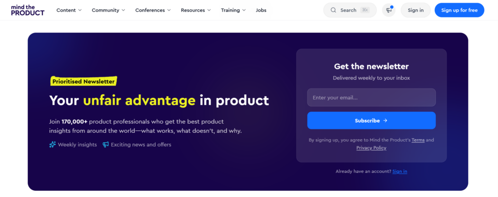 Mind the Product newsletter sign up page.