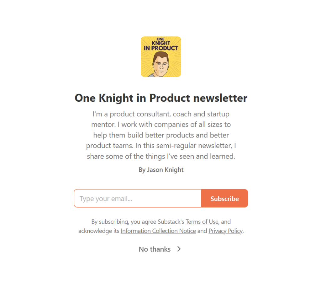 One Knight in Product newsletter sign up page.