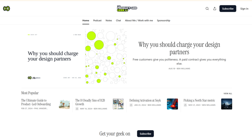 The Product-Led Geek newsletter home page.