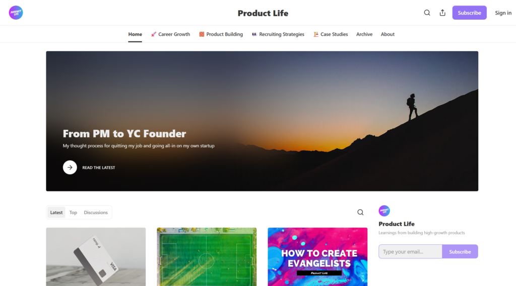 Product Life newsletter home page.