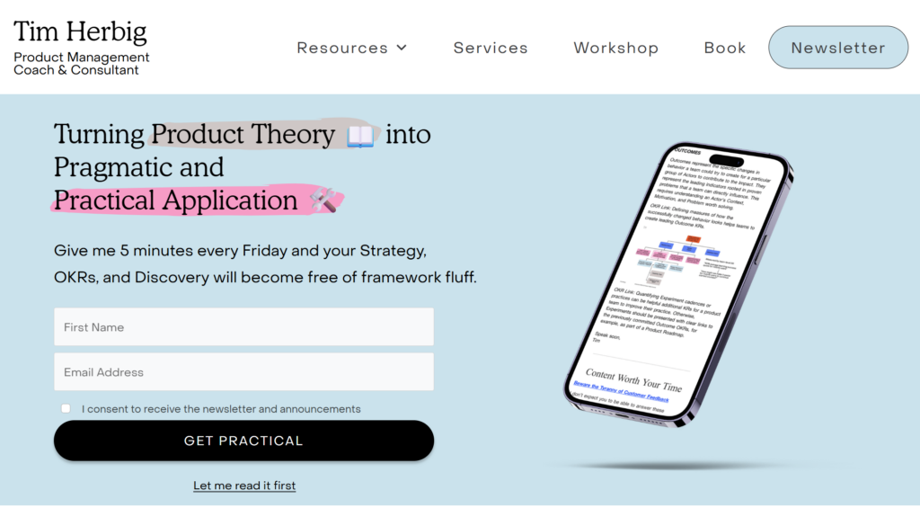 Product Practice newsletter home page.