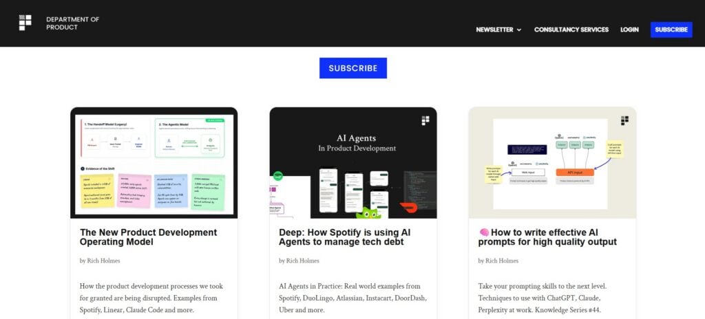 The Department of Product webpage screenshot featuring the lastest articles