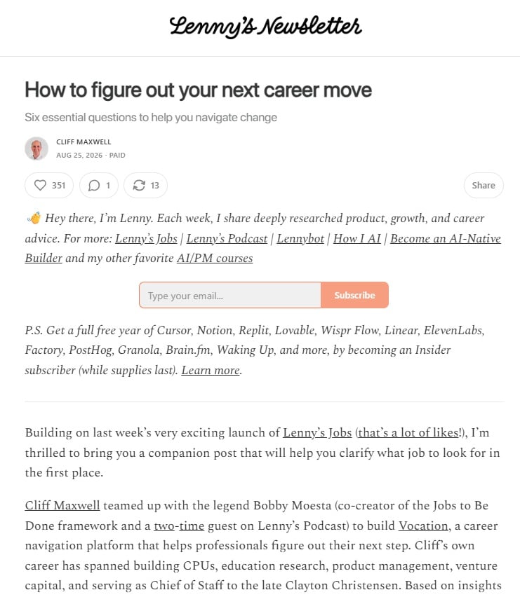 Screenshot of a sample newsletter from Lenny's Newsletter