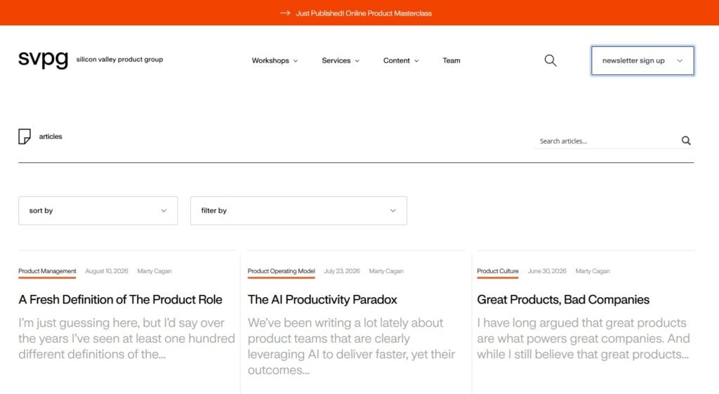 The Silicon Valley Product Group's articles landing page screenshot