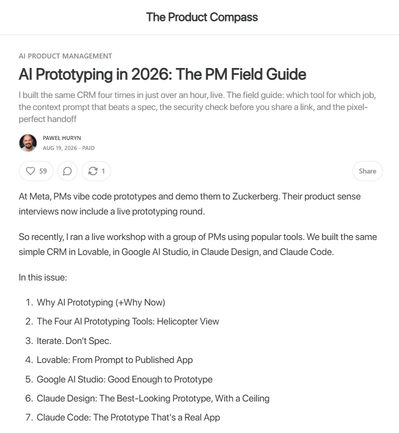 Sample newsletter from the Product Compass