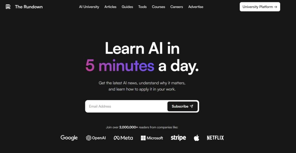 Screenshot of the sign up page for The Rundown AI newsletter